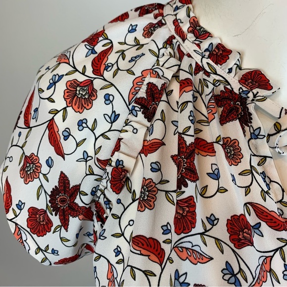 LOFT Round Ruffle Keyhole Tie Neck Floral Blouse- S - Picture 7 of 9